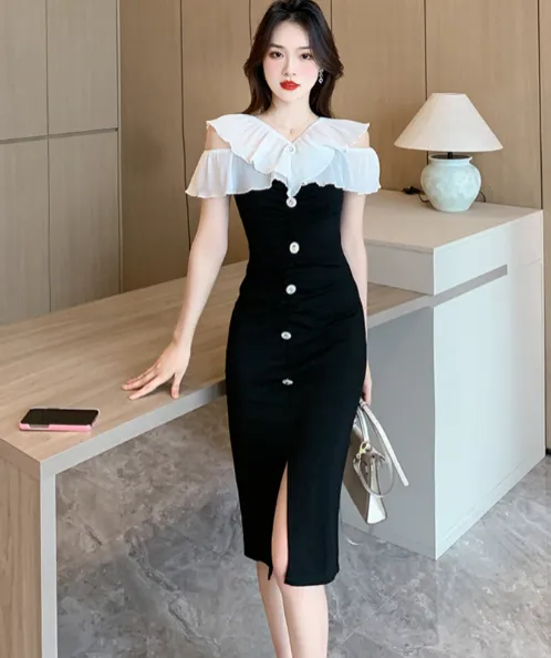 Đầm body dự tiệc vai bèo đính nút | Muasam24 - Yên Tâm Mua Sắm