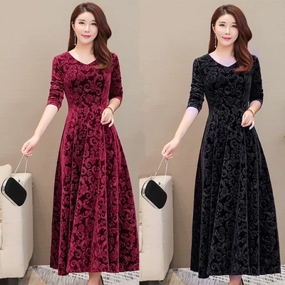 2018 thu đông mới nhung vàng đầm đầm xòe dài tay váy xòe nữ váy đáy váy váy eo cao váy dài | Tàu Tốc Hành | Giá Sỉ Lẻ Cạnh Tranh