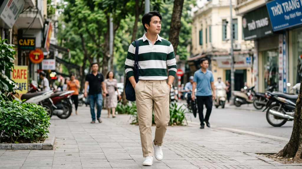 Phong cách thời trang Sporty-chic với áo bóng bầu dục (Rugby shirt)