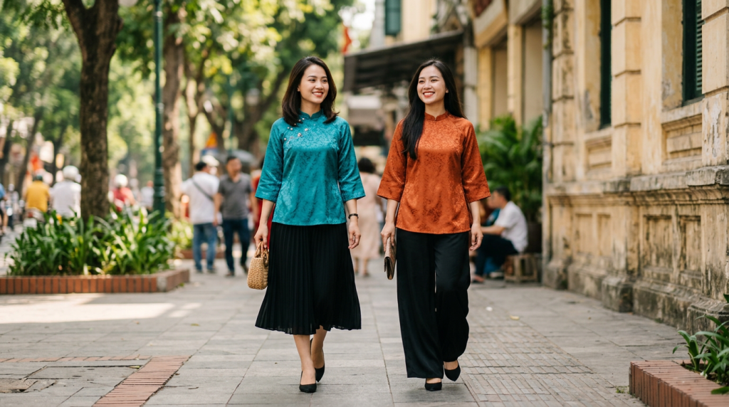 Phối áo dài cách tân nữ với chân váy hay quần ống sớ thì đẹp?