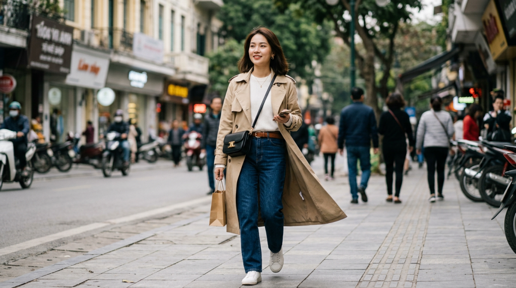 Phối đồ với áo khoác trench coat nữ chuẩn phong cách Hàn Quốc