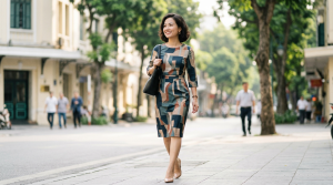 Cách diện đầm công sở họa tiết không lo bị rối mắt và già dặn