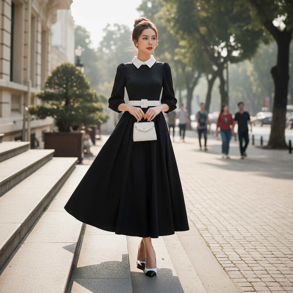 đầm đen phối trắng