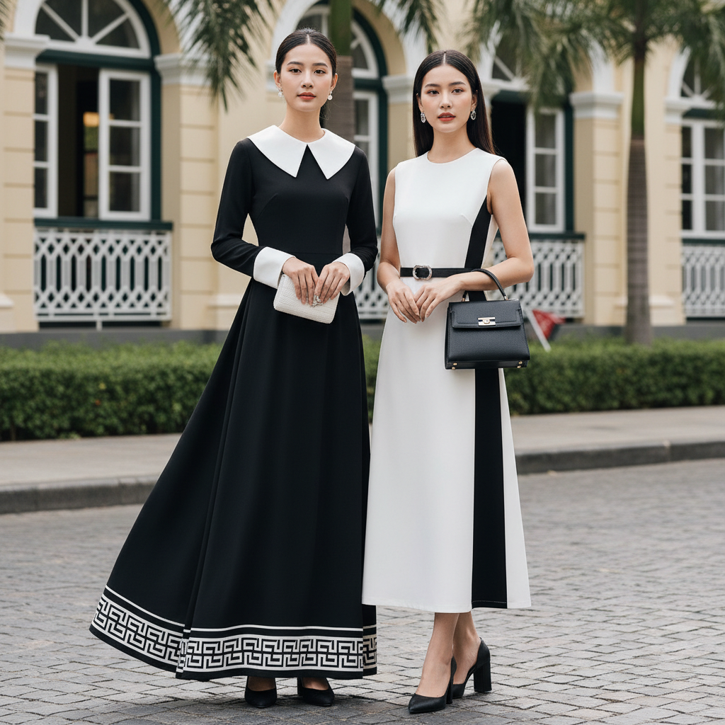 đầm đen phối trắng