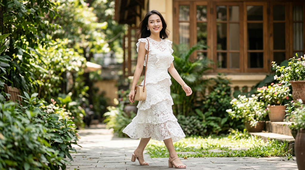 Sự tinh khôi từ mẫu Đầm Ren trắng sát nách phối bèo tiểu thư