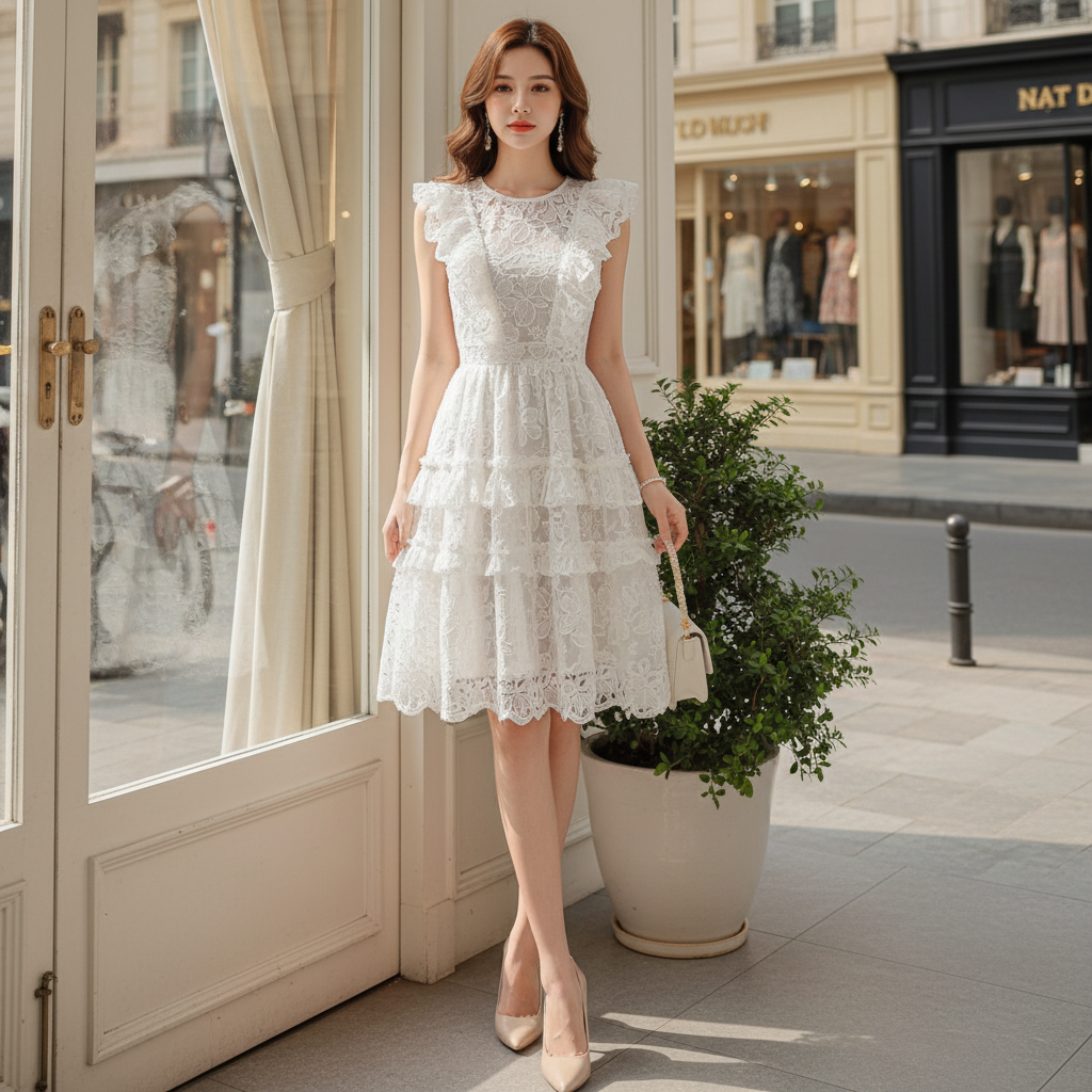 Đầm Ren trắng sát nách phối bèo