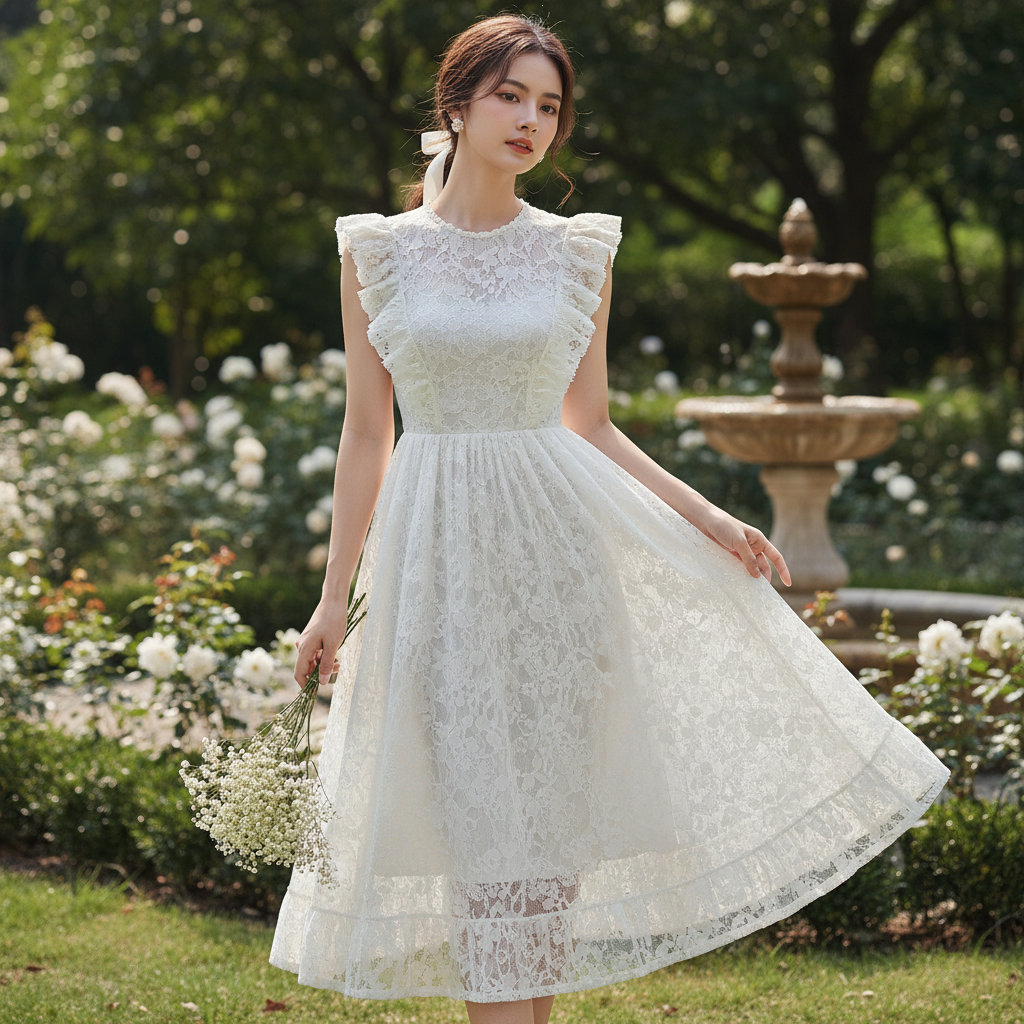 Đầm Ren trắng sát nách phối bèo