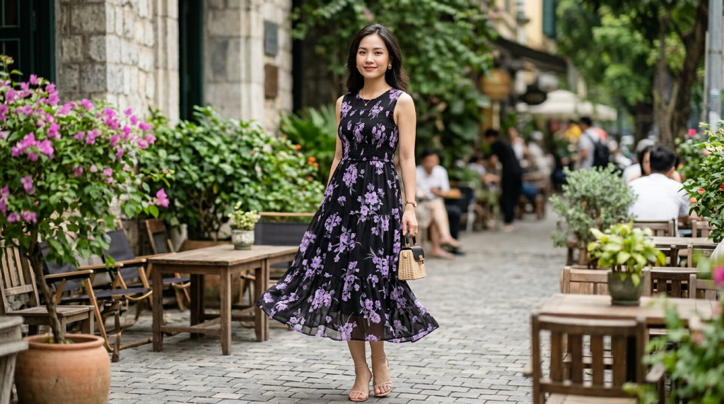 Vẻ đẹp của Đầm Sifong nền đen hoa tím chun nhún sát nách gợi cảm