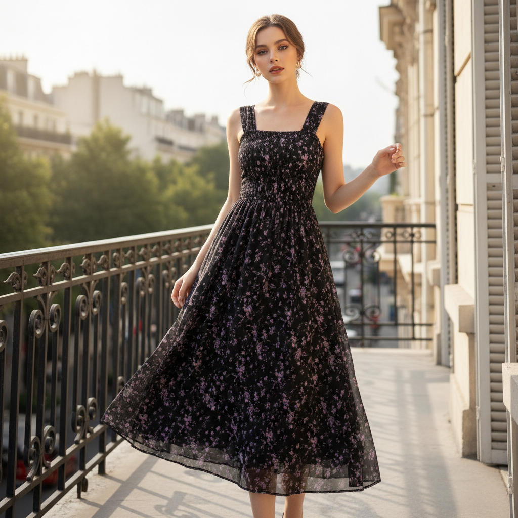 Đầm Sifong nền đen hoa tím chun nhún sát nách