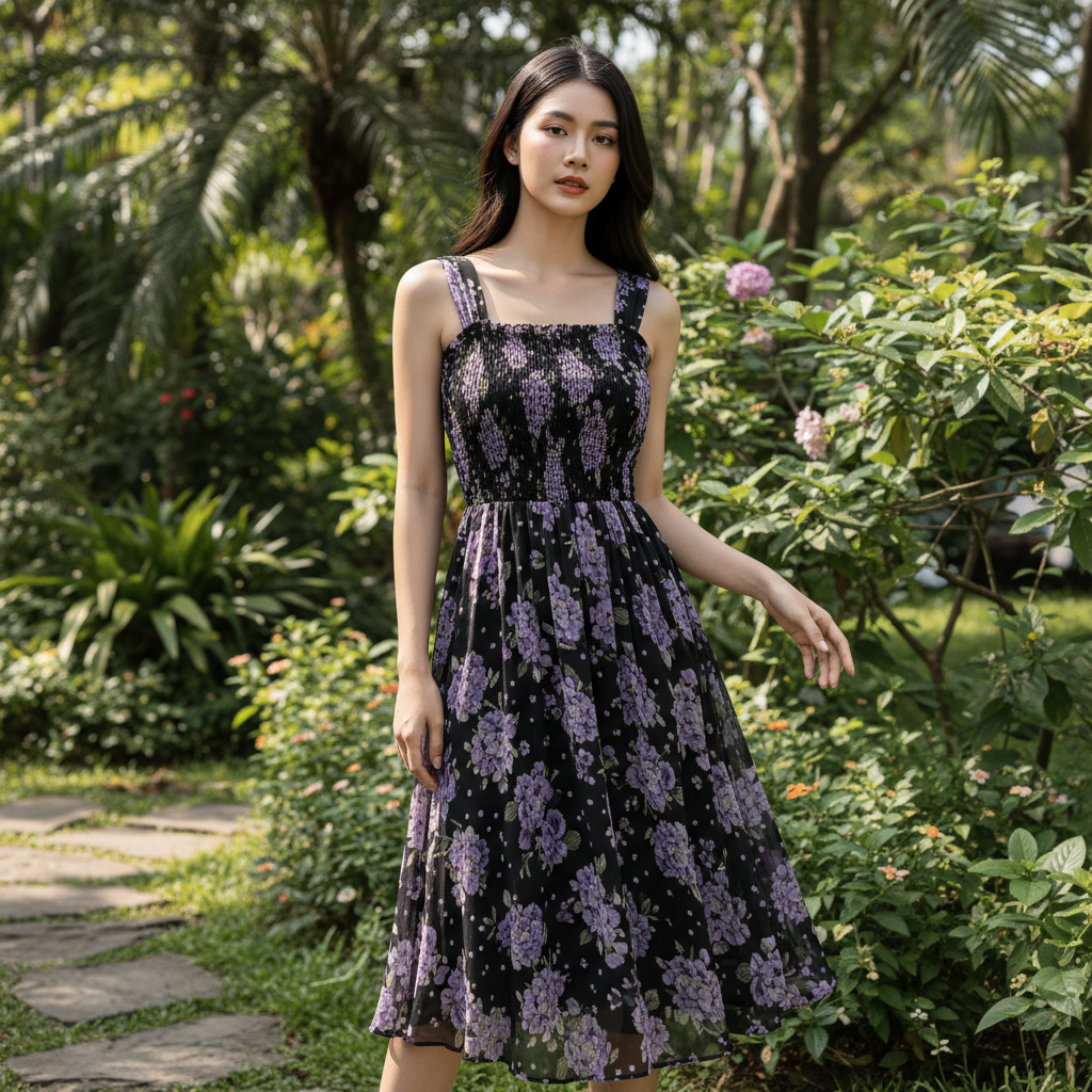 Đầm Sifong nền đen hoa tím chun nhún sát nách
