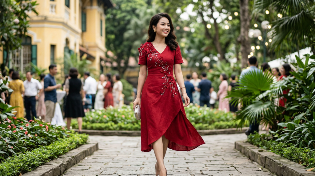 Review mẫu Đầm Thô đỏ tà chéo hoa đính đá trang trí đầy ấn tượng
