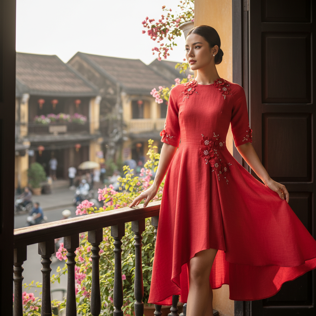 Đầm Thô đỏ tà chéo hoa đính đá trang trí