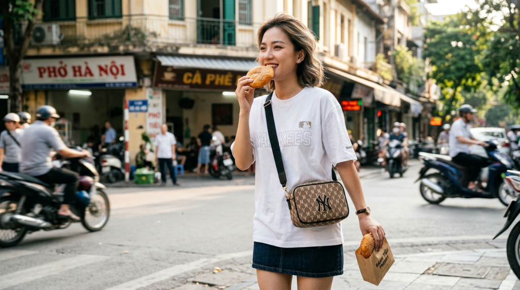 Phong cách năng động với túi mlb monogram và bánh tiêu trendy